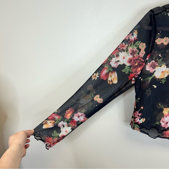 Floral Mesh Long Sleeve L XL Crop Top Black Whimsigoth Fairy Romantic 90s Y2K - Picture 4 of 8